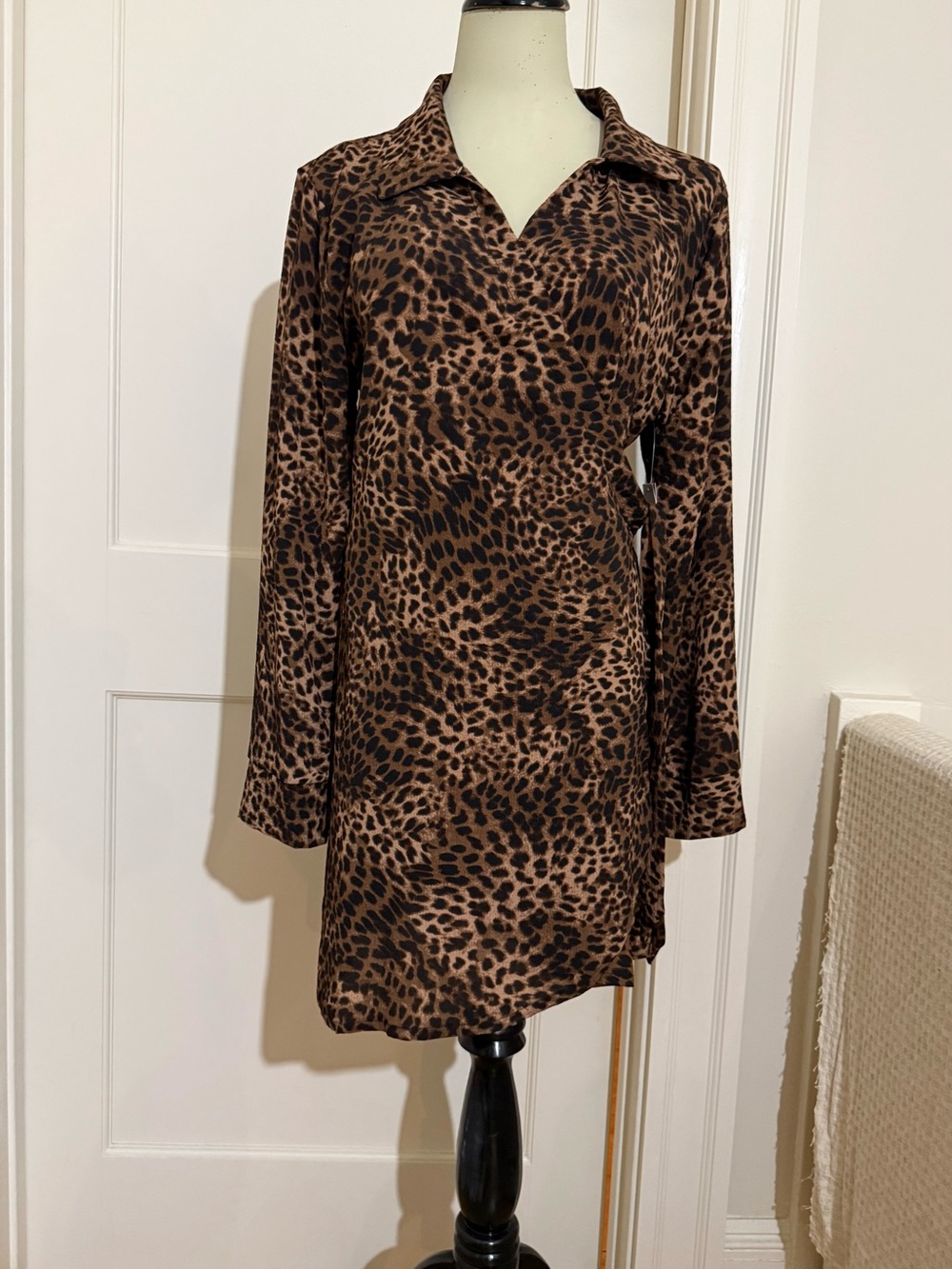 Time and Tru Brown and Black Leopard Print Long-Sleeve Wrap Dress